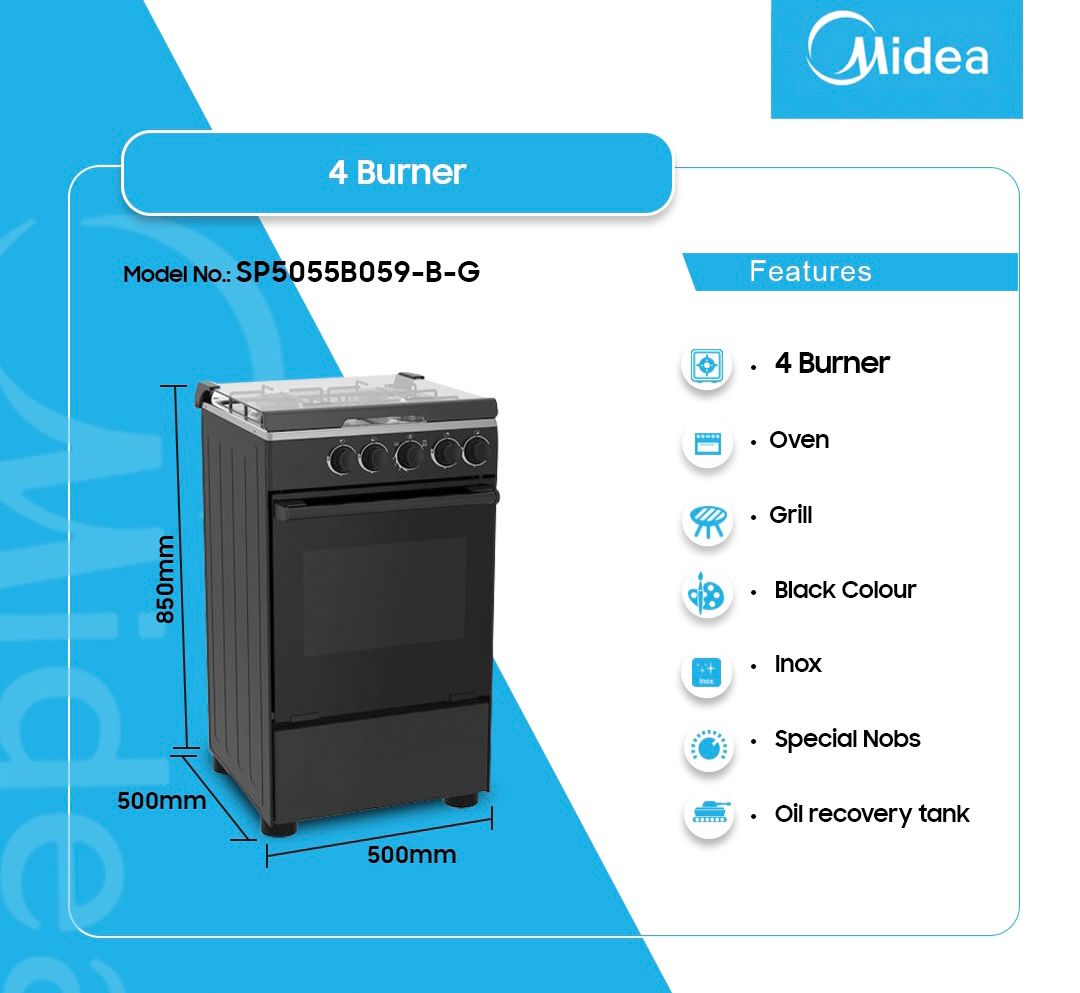 MIDEA 4 BURNER GAS COOKER BLACK MIRROR GRILL Emms Gift