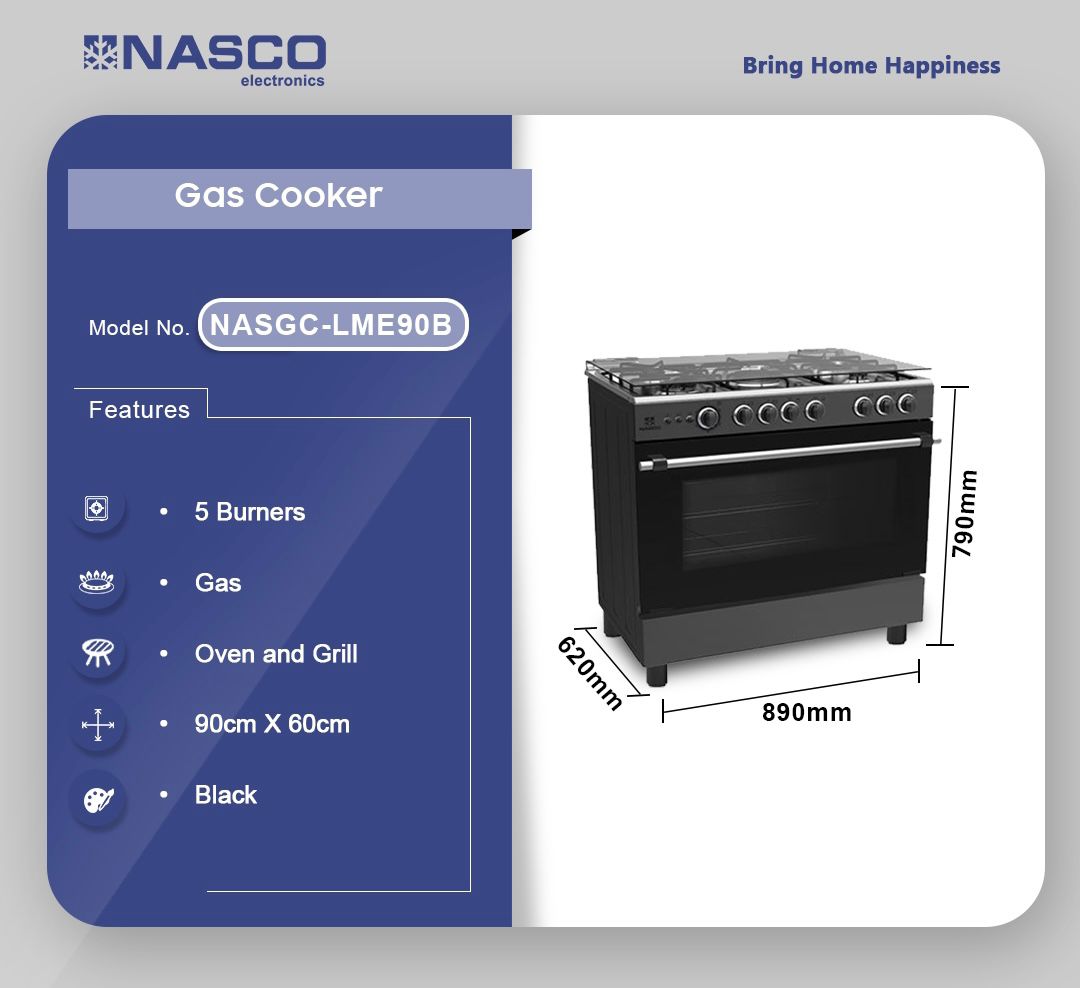 NASCO 5 BURNER GAS COOKER WITH GRILL NASGCLME90B Emms Gift