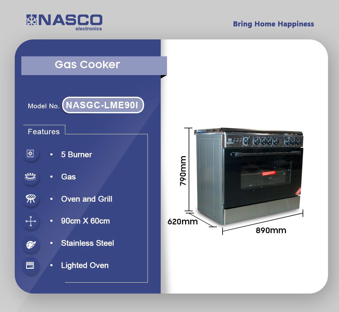 NASCO 5 BURNER GAS COOKER WITH GRILL NASGCLME90I Emms Gift