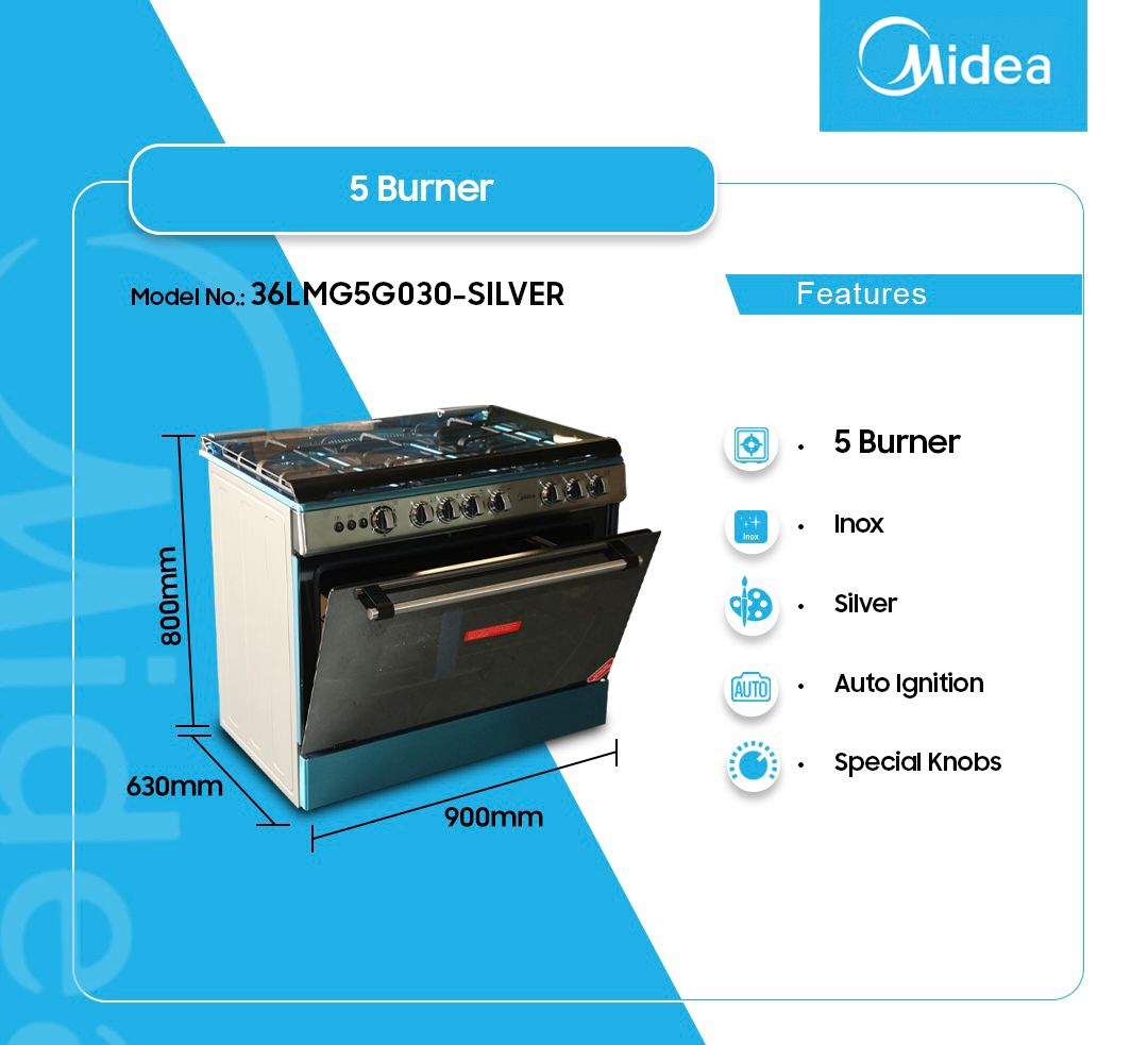 MIDEA 5 BURNER GAS COOKER WITH OVEN 36LMG5G030 Emms Gift