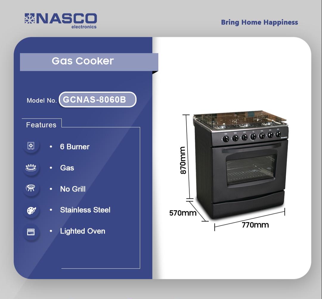 NASCO 6 BURNER GAS COOKER WITH OVEN GCNAS8060B Emms Gift