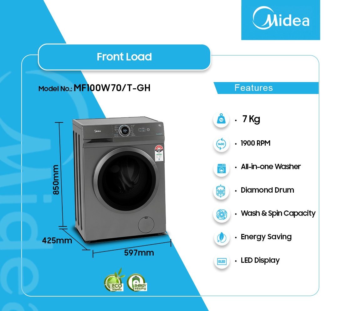 MIDEA 7KG FRONT LOAD FULL AUTO WASHING MACHINE MF100W70/T-GH - Emms Gift